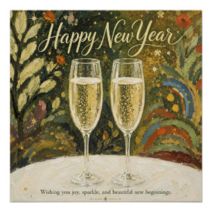 Elegante Champagne Toost Volkskunst Gelukkig Nieuw Perfect Poster