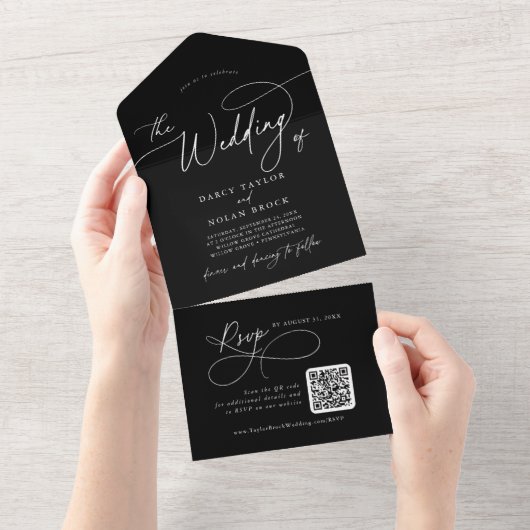 Elegante Charm QR Code Zwart Bruiloft All In One Uitnodiging (Afscheurbaar)