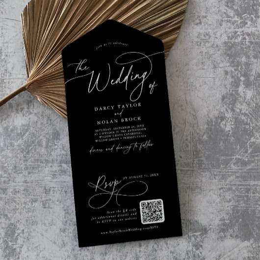 Elegante Charm QR Code Zwart Bruiloft All In One Uitnodiging