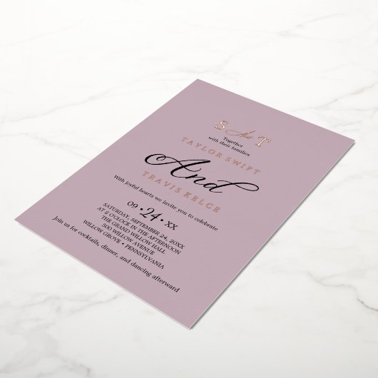 Elegante Charm Roze & Roos Gold Folie Wedding Folie Uitnodiging (Gedraaid)