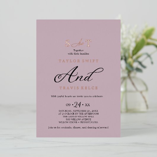 Elegante Charm Roze & Roos Gold Folie Wedding Folie Uitnodiging (Staand Voorkant)