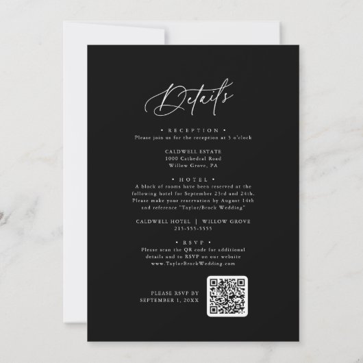 Elegante Charm Zwart Bruiloft Uitnodigingen met RS (Achterkant)