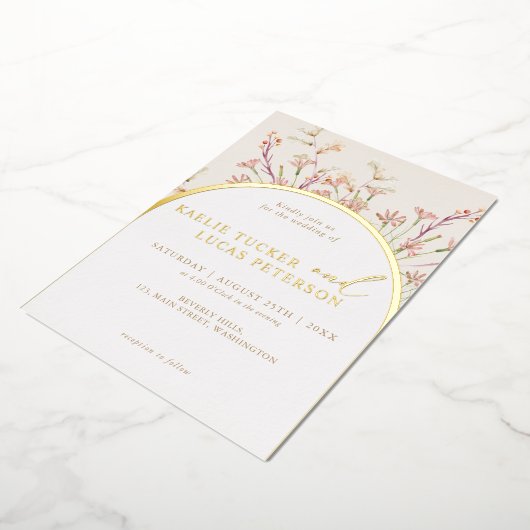 Elegante charme wilde bloem boog bruiloft goud folie uitnodiging (Gedraaid)