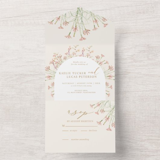 Elegante charme wilde bloem bruiloft all in one uitnodiging (Binnen)