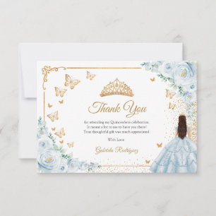 Elegante Chic Baby Blue Rozen Gouden Quinceanera Bedankkaart