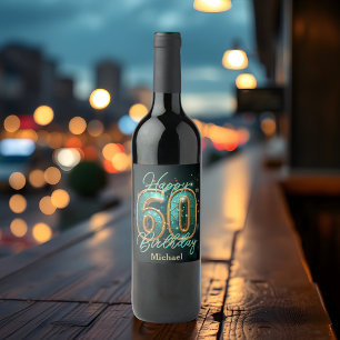 Elegante Chic Blauwgroen en Gold Metallic 60e verj Wijn Etiket