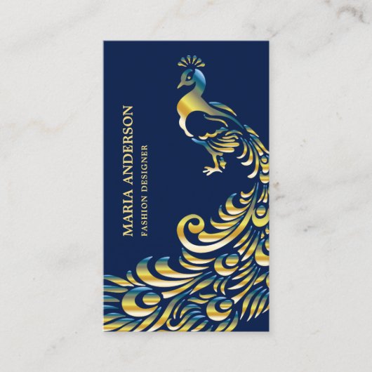 Elegante Chic Blue Gold Foil Shiny Peacock Visitekaartje (Voorkant)