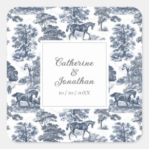 Elegante  Chic Blue Horse Toile Wedding Vierkante Sticker