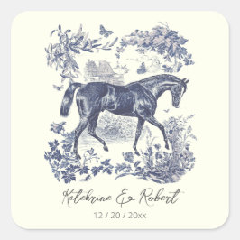 Elegante  Chic Blue Horse Toile Wedding Vierkante Sticker