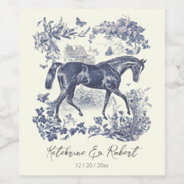Elegante  Chic Blue Horse Toile Wedding Wijn Etiket