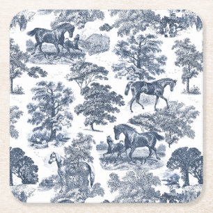 Elegante Chic Blue Horses Country Toile Vierkante Kartonnen Onderzetter