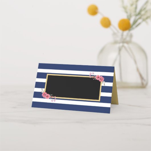 Elegante Chic Blue Stripes met Waterverf Flowers (Voorkant)