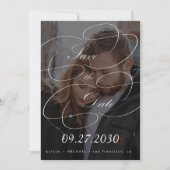 Elegante chic calligrafie script foto bruiloft save the date (Voorkant)