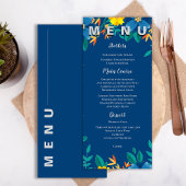 Elegante Chic Geel en Blauw Bloemen Trouwfeest Menu