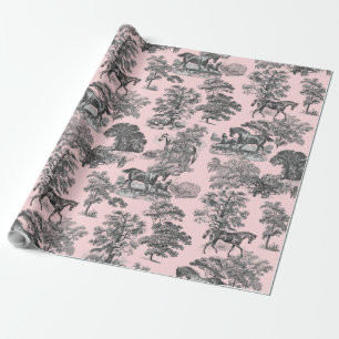 Elegante Chic Girly Zwart Roze Paard Toile Cadeaupapier
