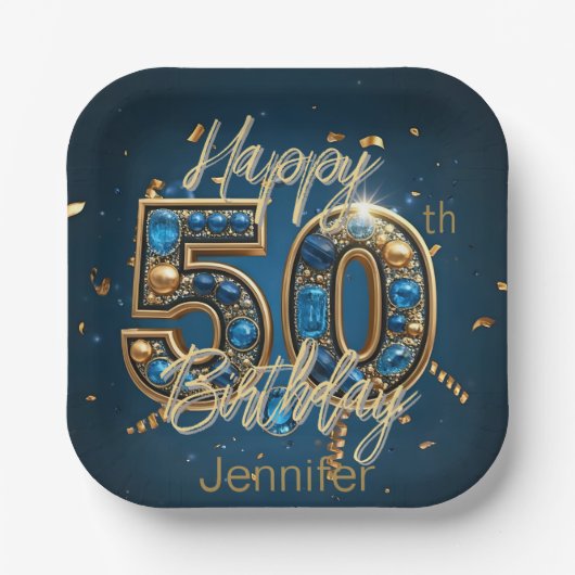 Elegante Chic Gold en Blauwe Edelsteen 50e verjaar Papieren Bordje (Voorkant)