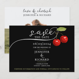Elegante Chic Kersen Rood Zwart Foto Kalligrafie Save The Date