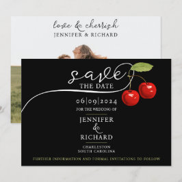 Elegante Chic Kersen Rood Zwart Foto Kalligrafie Save The Date