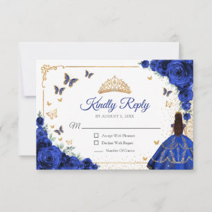Elegante Chic Koningsblauwe Gouden Quinceanera-rea RSVP Kaartje