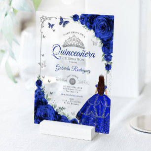 Elegante Chic Koningsblauwe Rozen Zilveren Quincea Acryl Uitnodigingen
