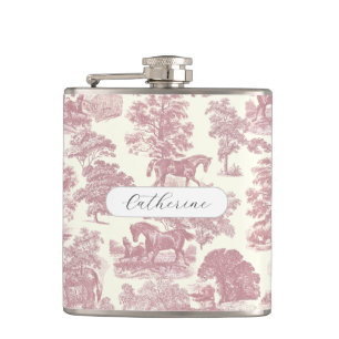 Elegante Chic Meisjesachtige Roze Paarden Toile Na Heupfles