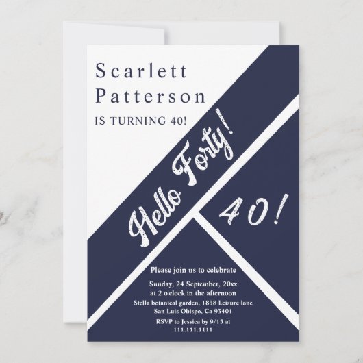 Elegante Chic Navy Blauw Wit Modern 40e verjaardag Kaart (Voorkant)