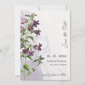 Elegante Chic Paarse Bloemen Fotoscript Trouwen Save The Date (Voorkant)