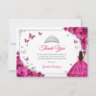 Elegante Chic Roze Rozen Zilveren Quinceanera Bedankkaart
