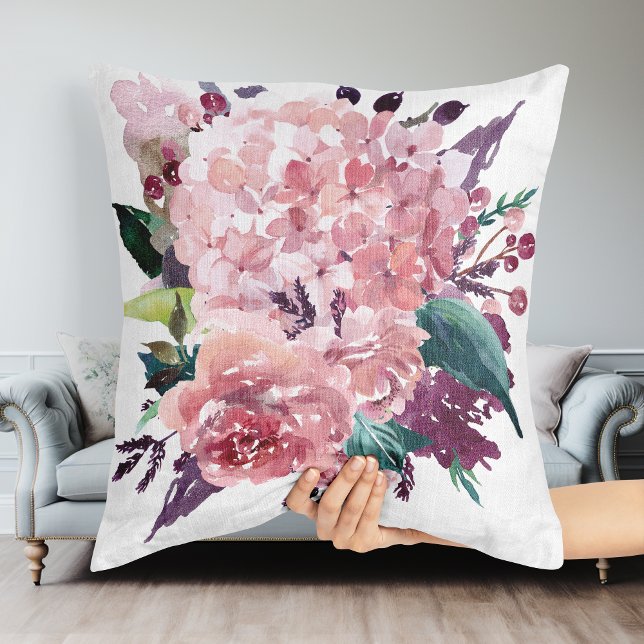 Elegante Chic Roze Waterverf Bloemen Kussen (Elegant Chic Pink Watercolor Floral Throw Pillow)