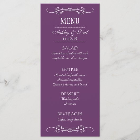 Elegante Chic Violet Wedding Menu Rack Kaart (Voorkant)