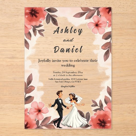 Elegante Chic Waterverf Bloemen Bruid Bruidegom Hu Acryl Uitnodigingen (Voorkant)