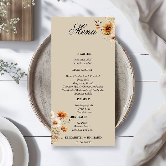 Elegante & Chic Wildflower Boheemse herfst bruilof Menu