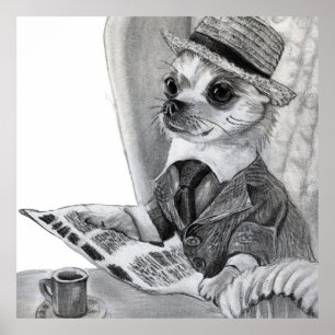 Elegante chihuahua lezen krant poster