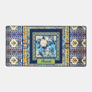 Élégante chine à carreaux bleu floral note monogra