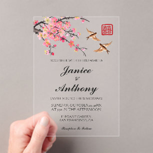 Elegante Chinese bloemen vogels bruiloft Acryl Uitnodigingen