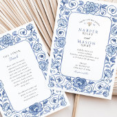 Elegante Chinoiserie Blauw en Wit Bloemen Bruiloft Kaart