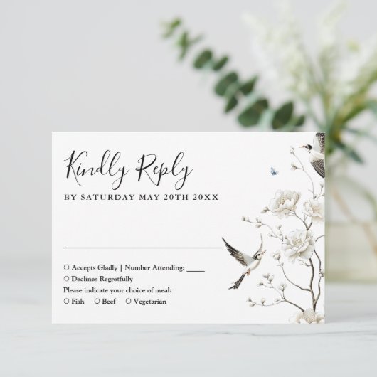 Elegante Chinoiserie Bloementuin Trouwen RSVP Kaartje (Staand voorkant)