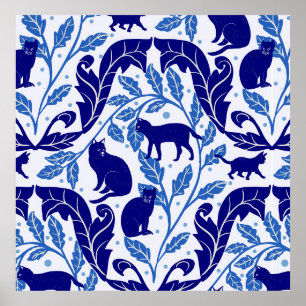 Elegante Chinoiserie Blue Black Cat-Whimsical Poster