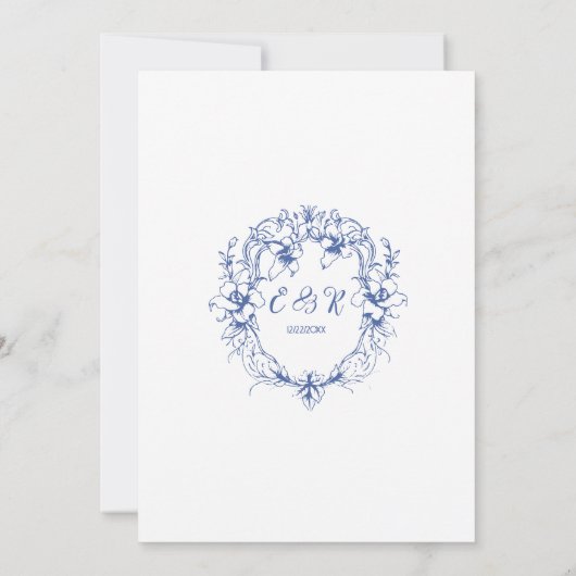 Elegante Chinoiserie Franse Blauwe Toile Bloemenpr Kaart (Achterkant)