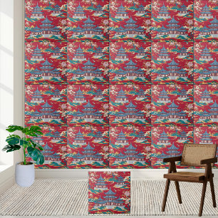 Elegante Chinoiserie Pagoda en Floral Pattern Tege Tegeltje