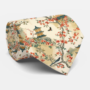 Elegante Chinoiserie - Pagodes, Bloesems en Vogels Stropdas