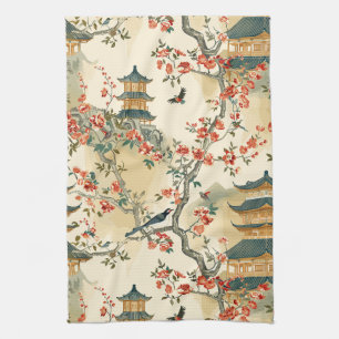 Elegante Chinoiserie - Pagodes, Bloesems en Vogels Theedoek