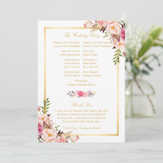 Elegante chique bloemendoe-het-zelf bruiloft progr programma (Staand voorkant)