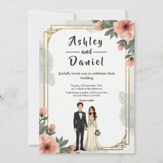 Elegante Chique Bloemrijke Lijst Bruid en Bruidego Kaart (Voorkant)