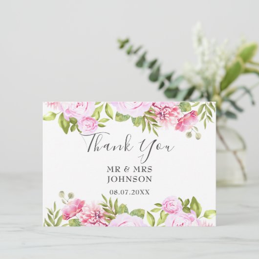 Elegante chique blush roze groen bloemenbruiloft bedankkaart (Staand voorkant)