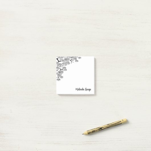 Elegante chique botanische zwarte witte pijnboomta post-it® notes (Op bureau)