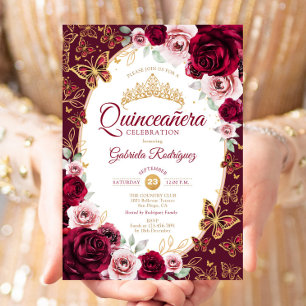 Elegante chique burgundy gouden bloemige Quinceane Kaart