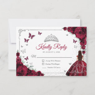 Elegante chique burgundy zilver Quinceanera antwoo RSVP Kaartje