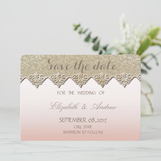 Elegante chique damast trouwkaart 'Save the date' Save The Date (Staand voorkant)