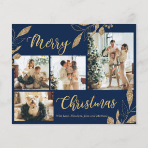 Elegante chique foto kerstkaart in navyblauw en go